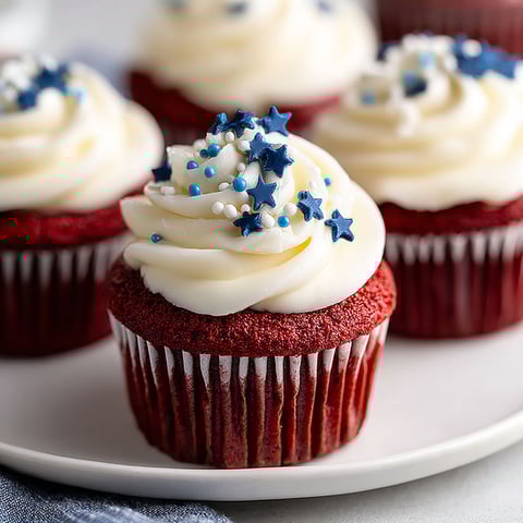 A plate of red velvet cupcakes with cream cheese frosting.