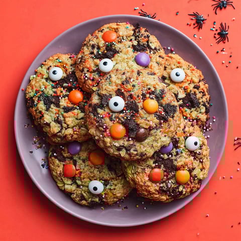 A plate of Halloween cookies with chocolate chips and candy eyes.