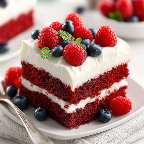 A slice of red velvet cake with raspberries and blueberries.