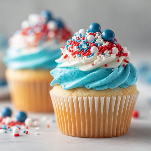 A cupcake with blue, white and red frosting.