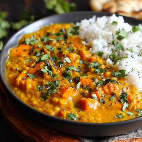 A bowl of red lentil curry with sweet potatoes.