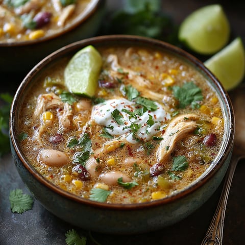 A bowl of chicken and quinoa chili.