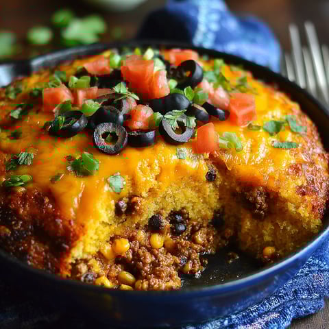 A slice of Mexican cornbread casserole with black olives and tomatoes.