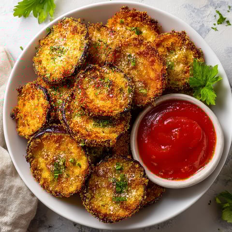 A bowl of air fryer eggplant with ketchup.