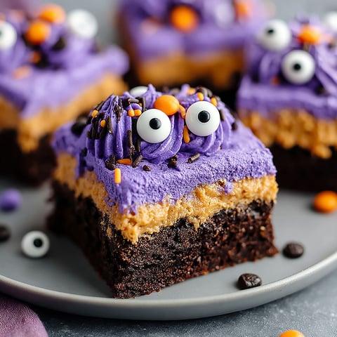 A plate of brownies with eyes and a mouth.