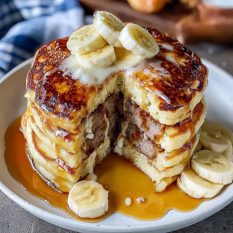 A stack of pancakes with bananas on top.