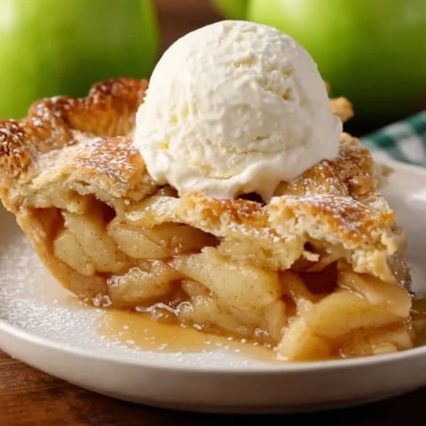 A slice of apple pie with a scoop of ice cream on top.