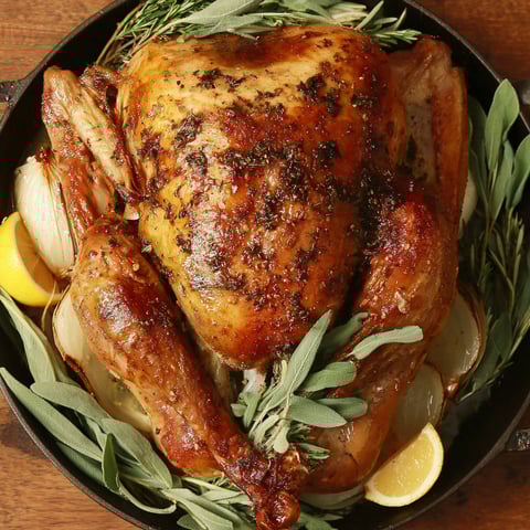 A roasted turkey with herbs and lemon wedges.