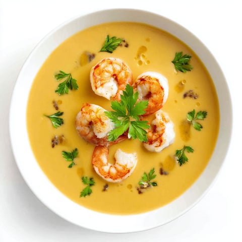 A bowl of shrimp bisque with a green garnish.