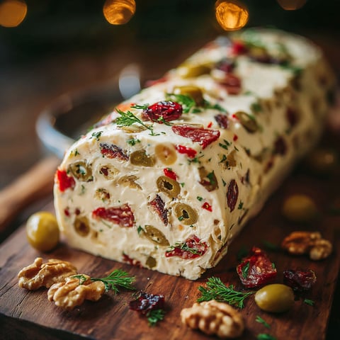 A log of cream cheese with olives and herbs.