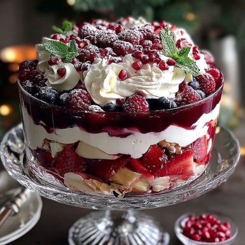 A Christmas Pavlova Trifle is displayed on a glass cake stand.