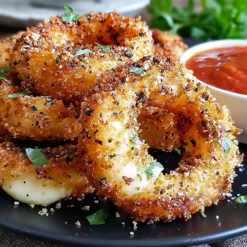 Mozzarella sticks with onion rings on a plate.