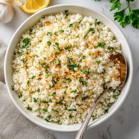 A bowl of rice with herbs and garlic.