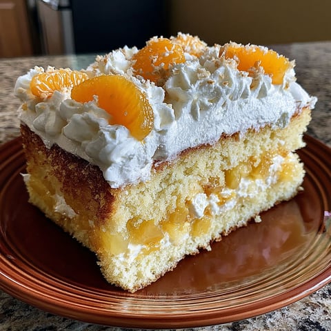 A slice of a cake with mandarin orange and pineapple flavors.