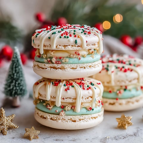 A stack of Christmas tree cake macarons.