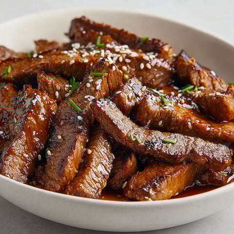 A bowl of honey-glazed steak strips.