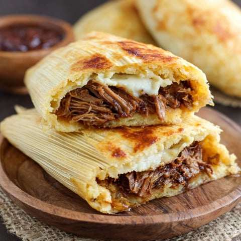 A plate of pork tamales with a bowl of sauce.
