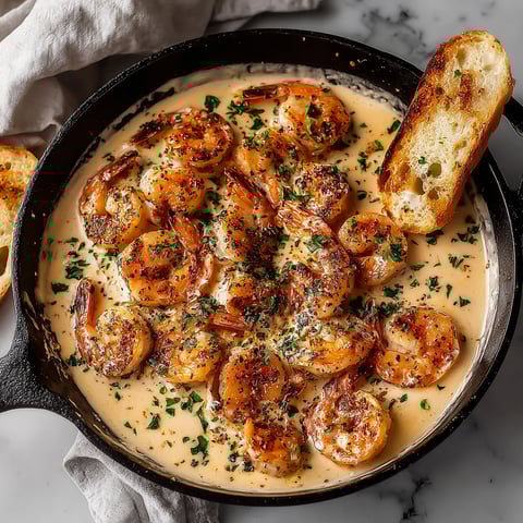 A bowl of creamy garlic shrimp with bread.