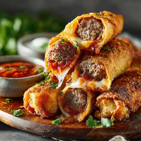 Meatball sub egg rolls on a wooden platter.