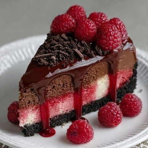 A slice of dark chocolate raspberry cheesecake.
