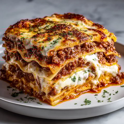 A stack of beef lasagna on a plate.
