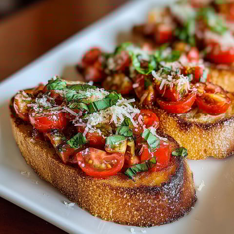 Two pieces of toasted bread with tomatoes and cheese.