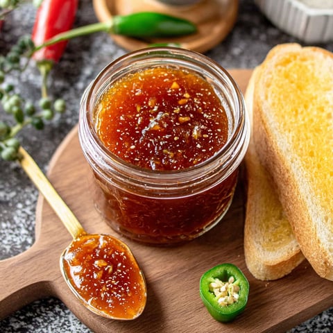 A jar of jalapeno jam is on a wooden cutting board.