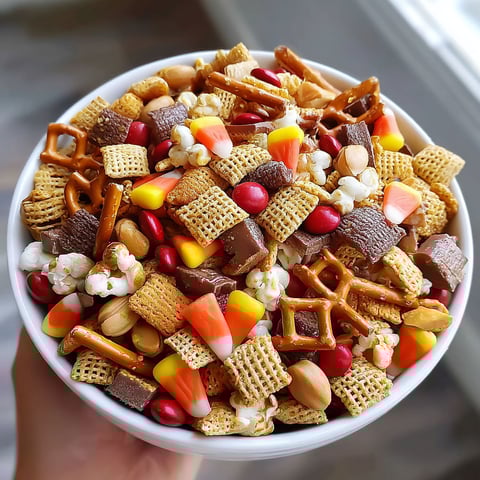 A bowl of Halloween Harvest Hash Chex Mix.