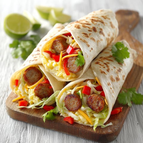Two chicken and apple sausage breakfast burritos.