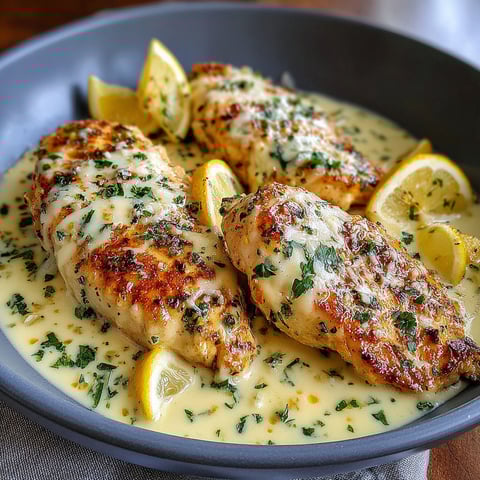 A bowl of chicken with lemon and parmesan sauce.
