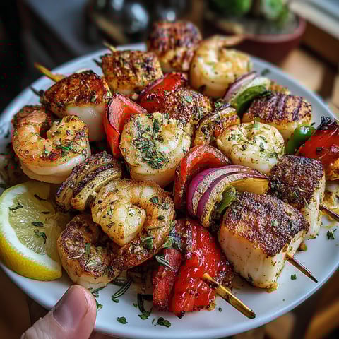 A plate of grilled seafood skewers.