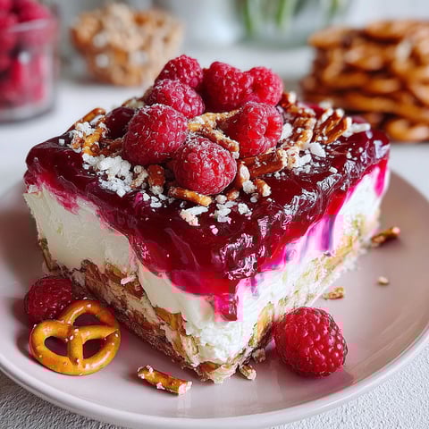 A slice of raspberry pretzel salad on a plate.