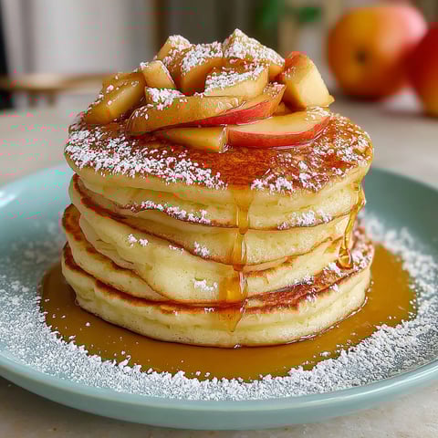 A stack of pancakes with a ring of apple slices on top.
