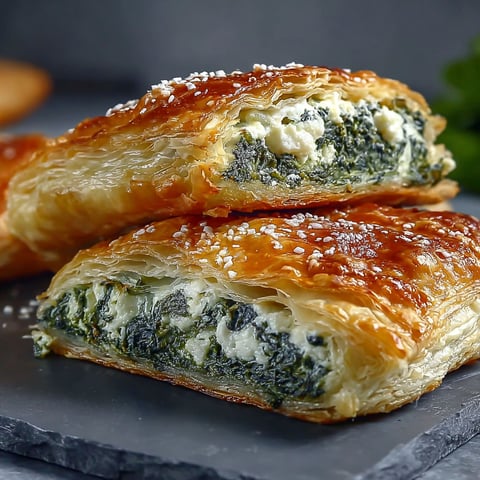 Two pieces of flaky spinach feta puff pastry.