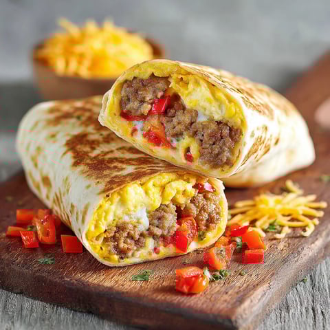 A breakfast burrito with eggs and cheese.