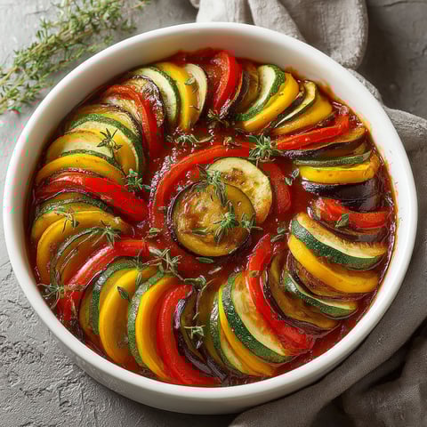 A baked Ratatouille Casserole with a variety of vegetables.