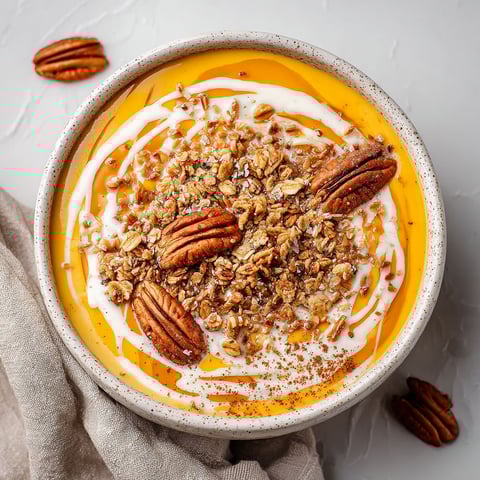 A bowl of yogurt with nuts and a spoon.