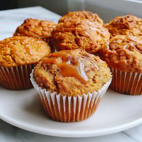 A plate of muffins with a syrup drizzle.