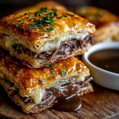 French dip squares on a wooden table.