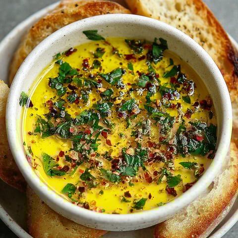 A bowl of garlic and olive oil dip with bread.