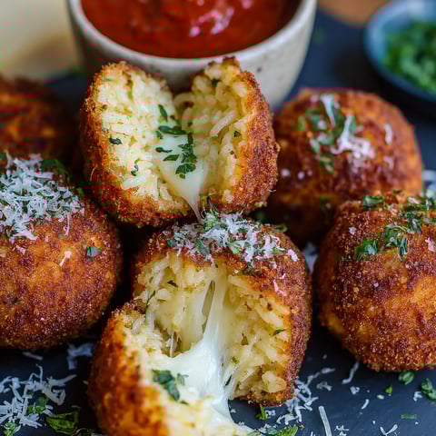 A bowl of rice balls with cheese and tomato sauce.