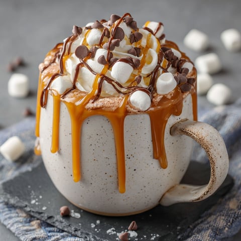 A cup of creamy caramel marshmallow hot cocoa.