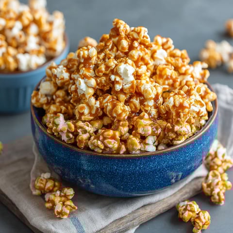 A bowl of popcorn with caramel sauce.