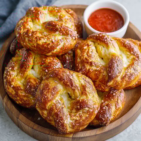 Mozzarella stuffed soft pretzels with marinara sauce.
