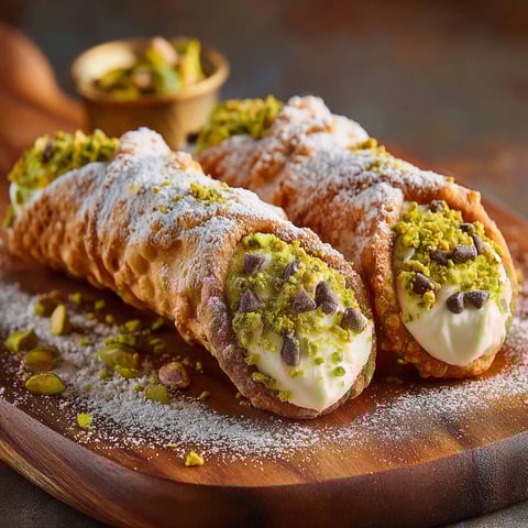 A close up of a cannoli with white cream and pistachio toppings.