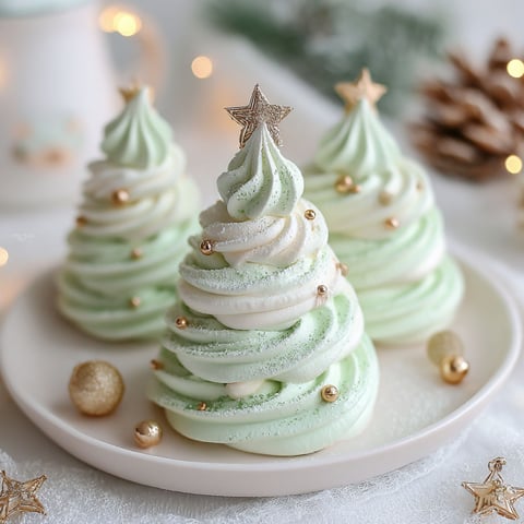 Three green meringues decorated like Christmas trees.