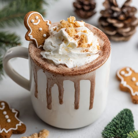 A cup of gingerbread hot chocolate with a cookie on top.