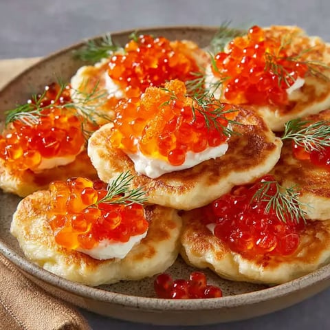 A plate of blinis with caviar and cream.