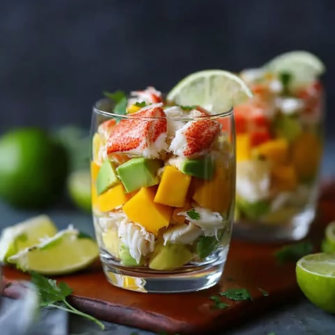 A glass of food with a slice of lime on top.