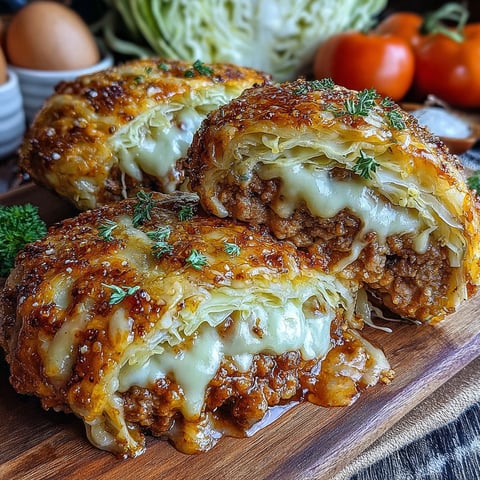 Two oven-baked cabbage burgers on a wooden cutting board.